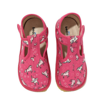 Beda Hausschuhe mit Klett, rosa Pferdchen, slim